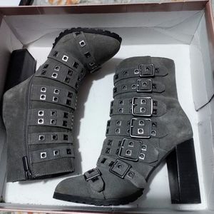 Grey🐭Suede Buckle Strappy High Heel Fergie Combat Zip Up Boot🖤
